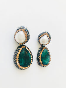 Aretes de dos piedras de joyería turca blanco y verde